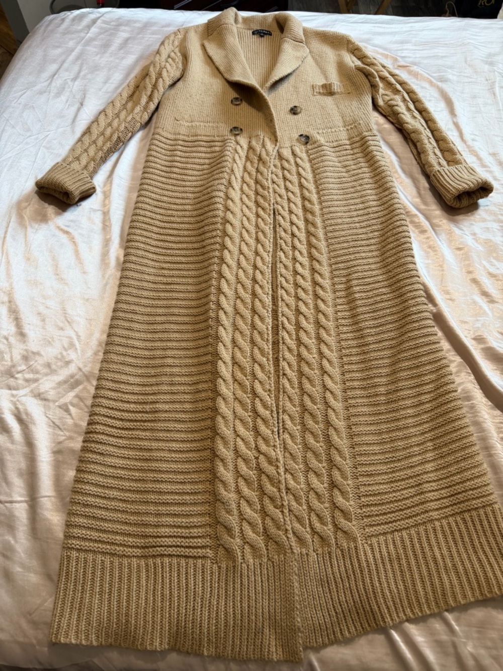 Long Cable Knit Double-Breasted Cardigan - Cream